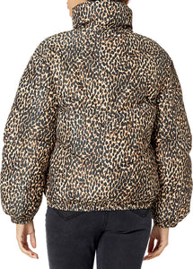 Mock Neck Leopard Print Short Women's Puffer Jacket