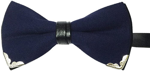 Men's Cotton Navy Blue Pre-tied Silver-Metal-Edged Two-Layer Bow Tie