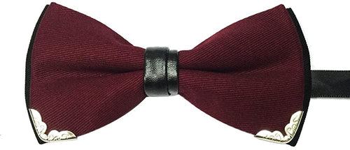 Men's Cotton Burgundy Pre-tied Silver-Metal-Edged Two-Layer Bow Tie