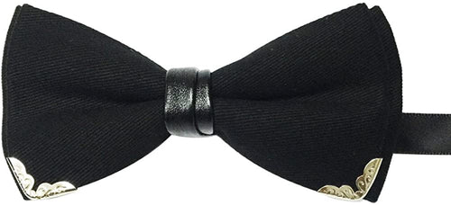 Men's Cotton Black Pre-tied Silver-Metal-Edged Two-Layer Bow Tie