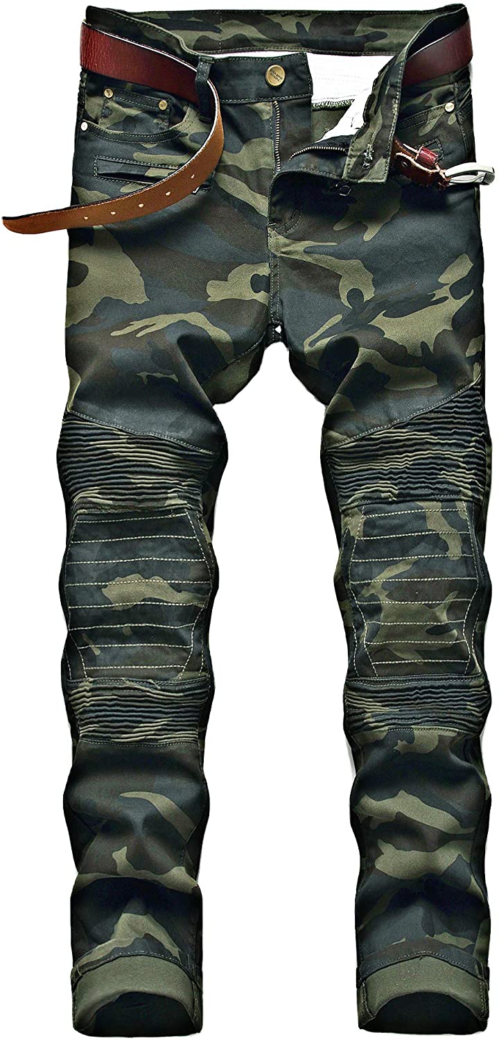 Men's Biker Deco Washed Camouflage Straight Fit Jeans