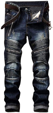 Men's Biker Deco Washed Dark Blue Straight Fit Jeans