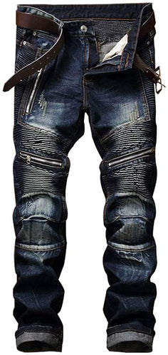 Men's Biker Deco Washed Dark Blue Straight Fit Jeans