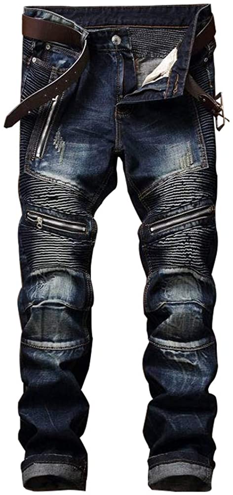 Men's Biker Deco Washed Dark Blue Straight Fit Jeans