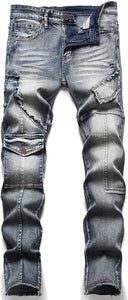 Men's Biker Deco Washed Vintage Straight Fit Jeans