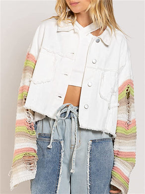 Enchanted White Cropped Patchwork Rainbow Knitted Ripped Jacket
