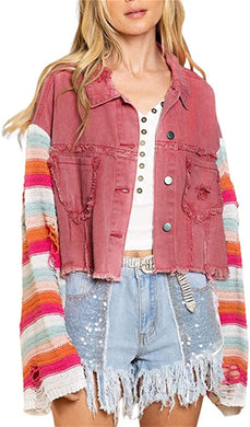 Enchanted Pink Cropped Patchwork Rainbow Knitted Ripped Jacket