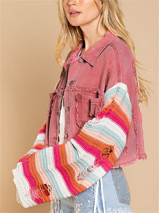 Enchanted Pink Cropped Patchwork Rainbow Knitted Ripped Jacket