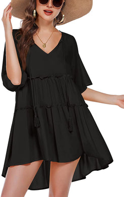 Cecilia Black Summer Pleated Bathing Suit Cover Ups