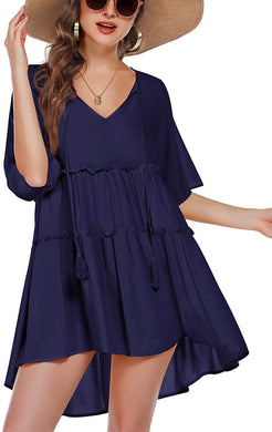 Christina Navy Blue Summer Pleated Bathing Suit Cover Ups