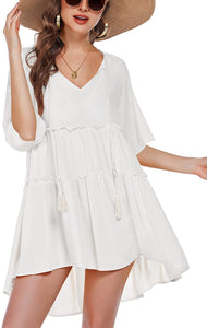 Divina White Summer Pleated Bathing Suit Cover Ups