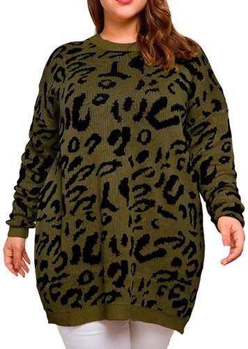 Knitted Army Green Crew Neck Pullover Plus Size Sweater