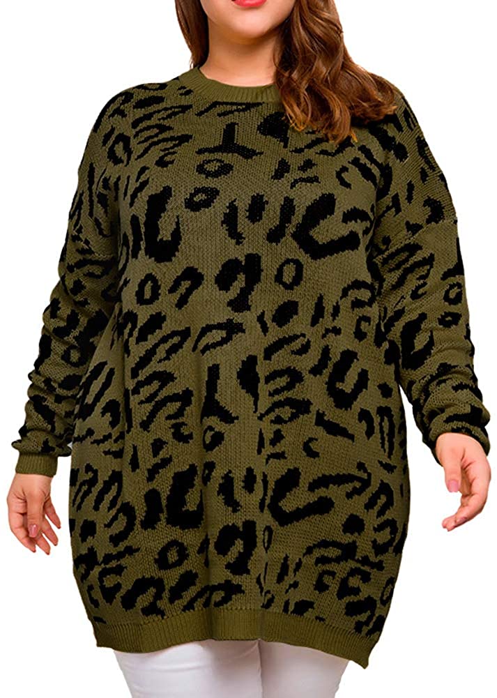 Knitted Army Green Crew Neck Pullover Plus Size Sweater