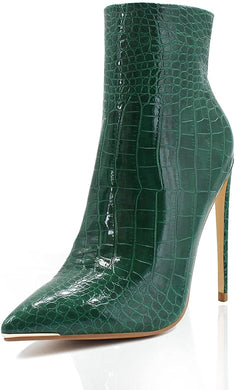 Women's Pointed Toe Stiletto Green Chic Ankle Alligator Boots
