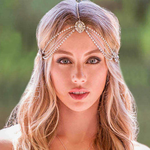 Gothic-Gold Crystal Layering Hair Jewelry Rhinestones Head Chain