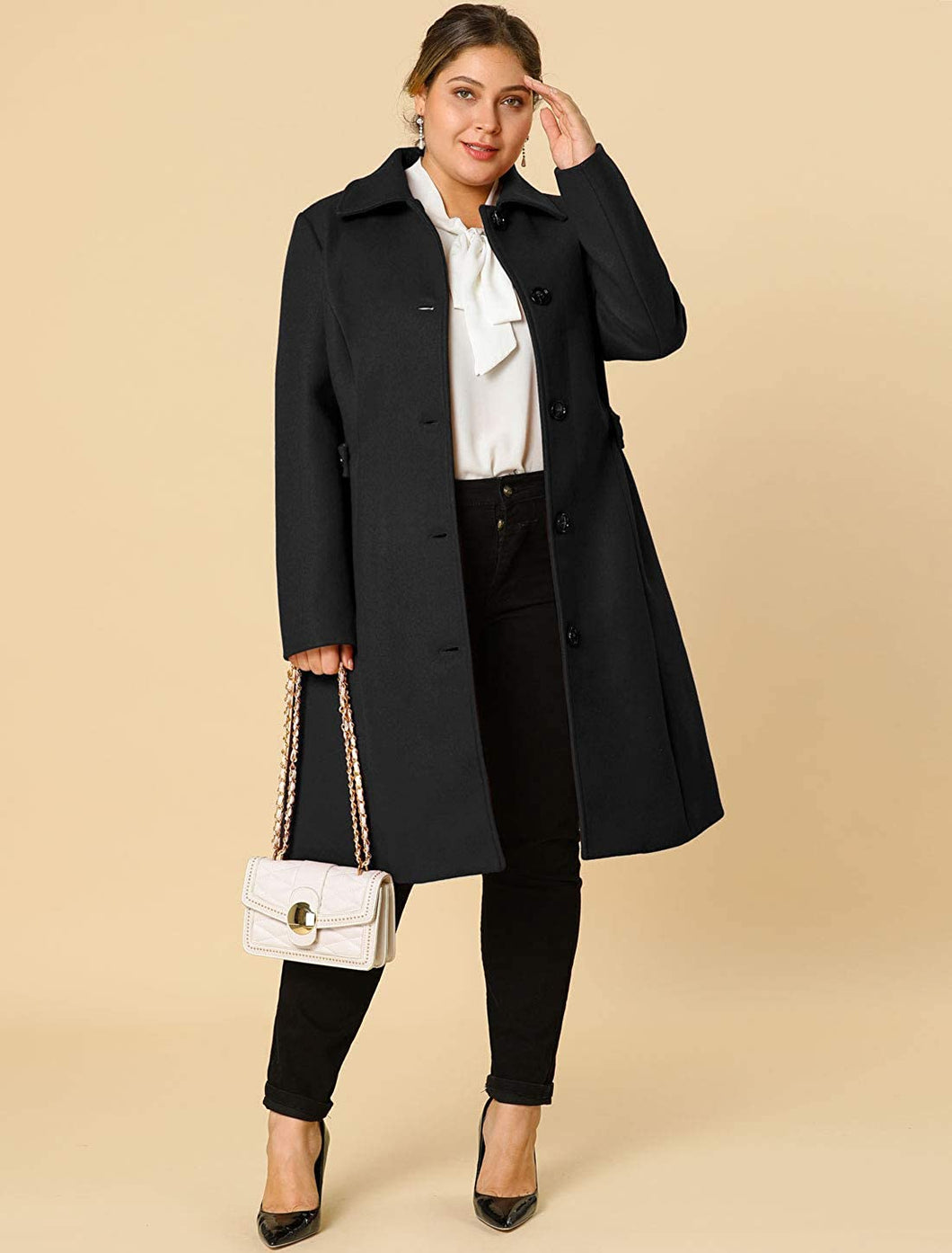 Belted Single Breasted Black Plus Size Winter Long Coat