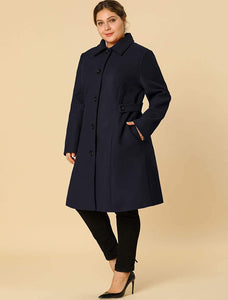 Belted Single Breasted Dark Blue Plus Size Winter Long Coat