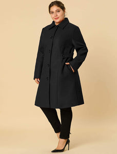 Belted Single Breasted Black Plus Size Winter Long Coat