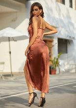 Load image into Gallery viewer, Spaghetti Straps Reddish Brown V Neck Satin Slit Hem Maxi Dress