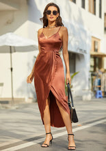 Load image into Gallery viewer, Spaghetti Straps Reddish Brown V Neck Satin Slit Hem Maxi Dress