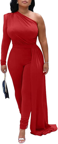 Elegant Red One Shoulder Bodycon Jumpsuit