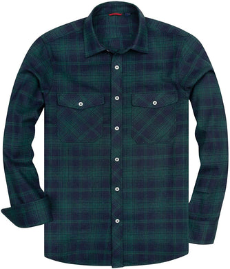 Men's Plaid Flannel Green Navy Button Down Casual Shirt
