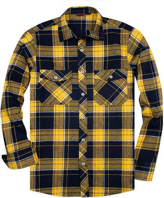 Men's Plaid Flannel Yellow Navy Button Down Casual Shirt