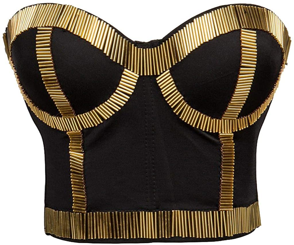 Rhinestone Black Gold Punk Goth Bra Clubwear Corset