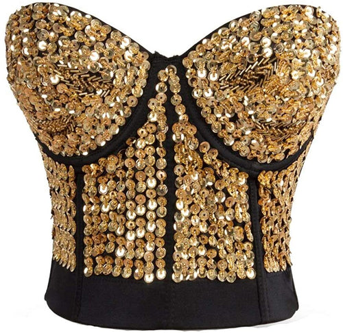 Rhinestone Gold Sequins Punk Goth Bra Clubwear Corset