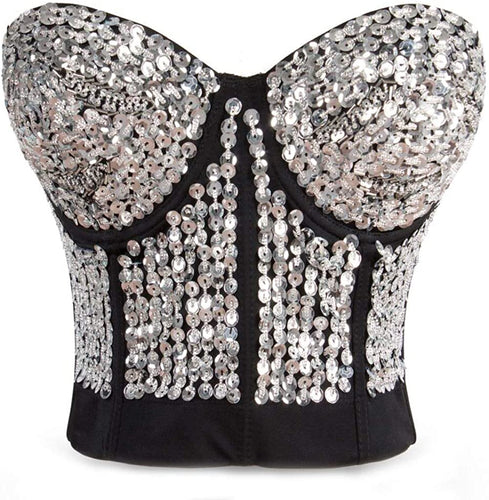 Rhinestone Silver Sequins Punk Goth Bra Clubwear Corset