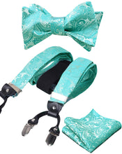 Load image into Gallery viewer, Men&#39;s Darkgreen Paisley Untied Bow Tie with Pocket Square and Clip Suspenders