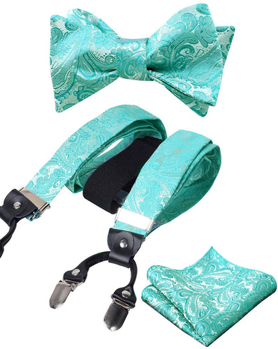 Men's Turquoise Paisley Untied Bow Tie with Pocket Square and Clip Suspenders