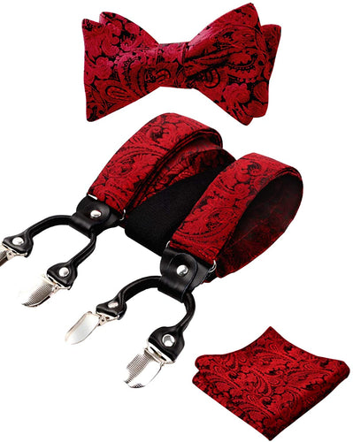 Men's Wine Red Paisley Untied Bow Tie with Pocket Square and Clip Suspenders