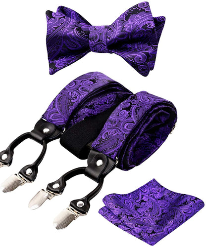 Men's Dark Purple Paisley Untied Bow Tie with Pocket Square and Clip Suspenders