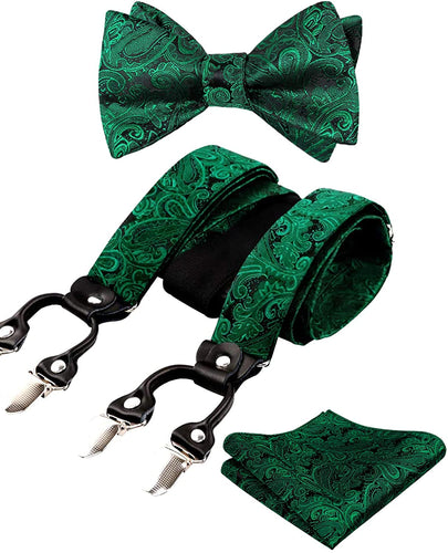 Men's Darkgreen Paisley Untied Bow Tie with Pocket Square and Clip Suspenders