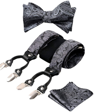 Men's Gray Paisley Untied Bow Tie with Pocket Square and Clip Suspenders
