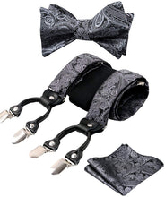 Load image into Gallery viewer, Men&#39;s Silver Paisley Untied Bow Tie with Pocket Square and Clip Suspenders