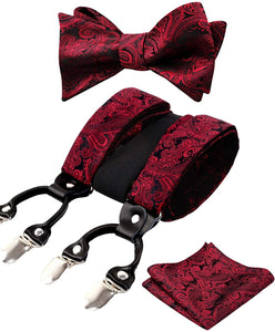 Men's Wine Red Paisley Untied Bow Tie with Pocket Square and Clip Suspenders