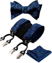 Load image into Gallery viewer, Men&#39;s Royal Blue Paisley Untied Bow Tie with Pocket Square and Clip Suspenders