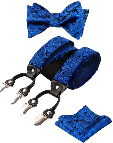 Men's Royal Blue Paisley Untied Bow Tie with Pocket Square and Clip Suspenders