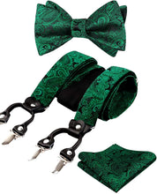 Load image into Gallery viewer, Men&#39;s Turquoise Paisley Untied Bow Tie with Pocket Square and Clip Suspenders