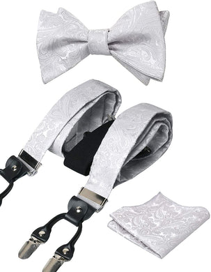 Men's Silver Paisley Untied Bow Tie with Pocket Square and Clip Suspenders