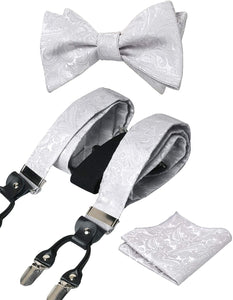 Men's Gray Paisley Untied Bow Tie with Pocket Square and Clip Suspenders