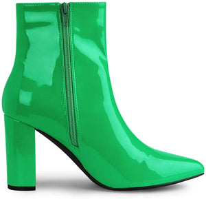 Walk Higher Green  Chunky Heel Pointed Toe Zipper Ankle Boots