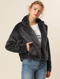 Black Cropped Jacket Notch Lapel Faux Fur Fluffy Coat