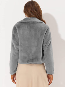 Grey Cropped Jacket Notch Lapel Faux Fur Fluffy Coat