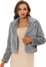 Load image into Gallery viewer, Grey Cropped Jacket Notch Lapel Faux Fur Fluffy Coat