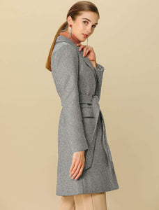 Outerwear Grey Notch Lapel Double Breasted Belted Long Winter Coat
