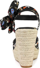 Load image into Gallery viewer, Espadrille Wedge Black Floral Platform Slingback Sandals