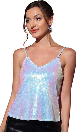 Glittery Holographic White Sequin V-Neck Spaghetti Strap Top